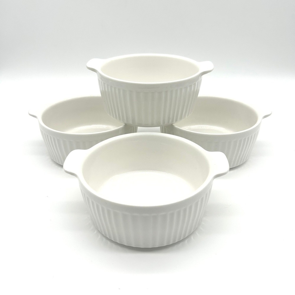 White Ceramic Fluted Ramekin Individual Souffle Dish with Handles 4.5 Inch Lot 4